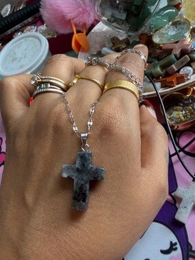 Handmade Gray Stone Cross Pendant Necklace - Unbranded